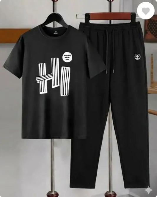Men's Dri Fit Printed Black Track Suit 2Pcs